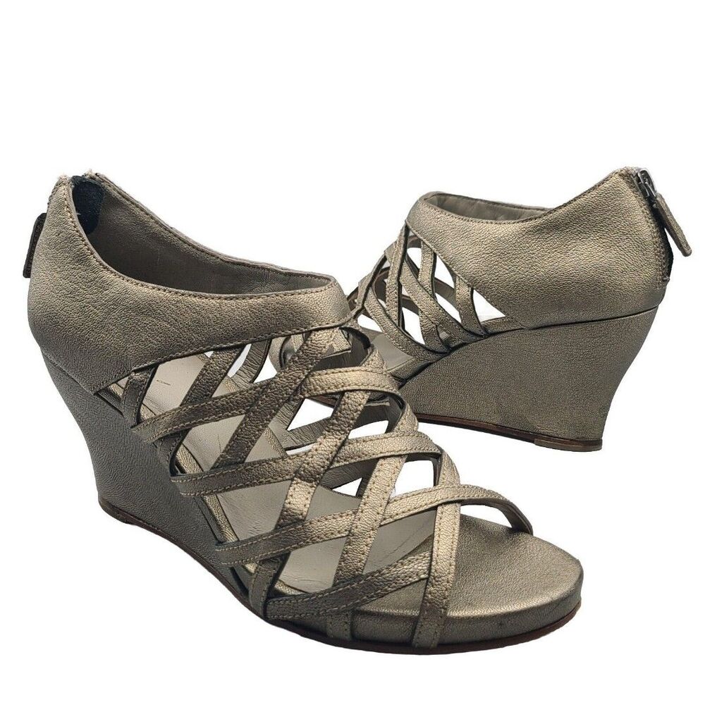 Eileen Fisher Leather Caged Wedge Lattice Bronze Zip Back Sandals Size 7